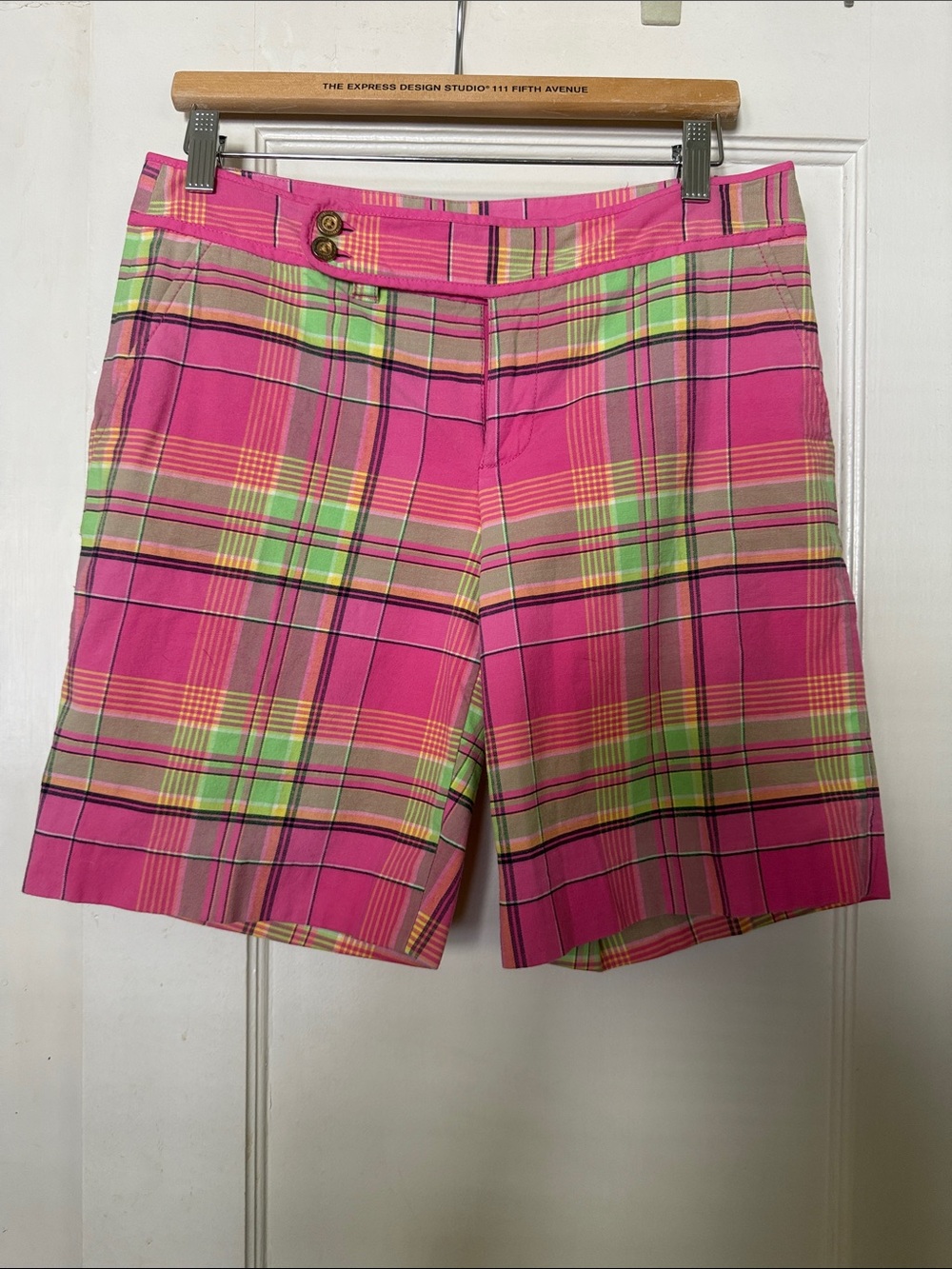 Lilly Pulitzer Vintage Bright Pink Plaid Bermuda Shorts with Lime & Yellow